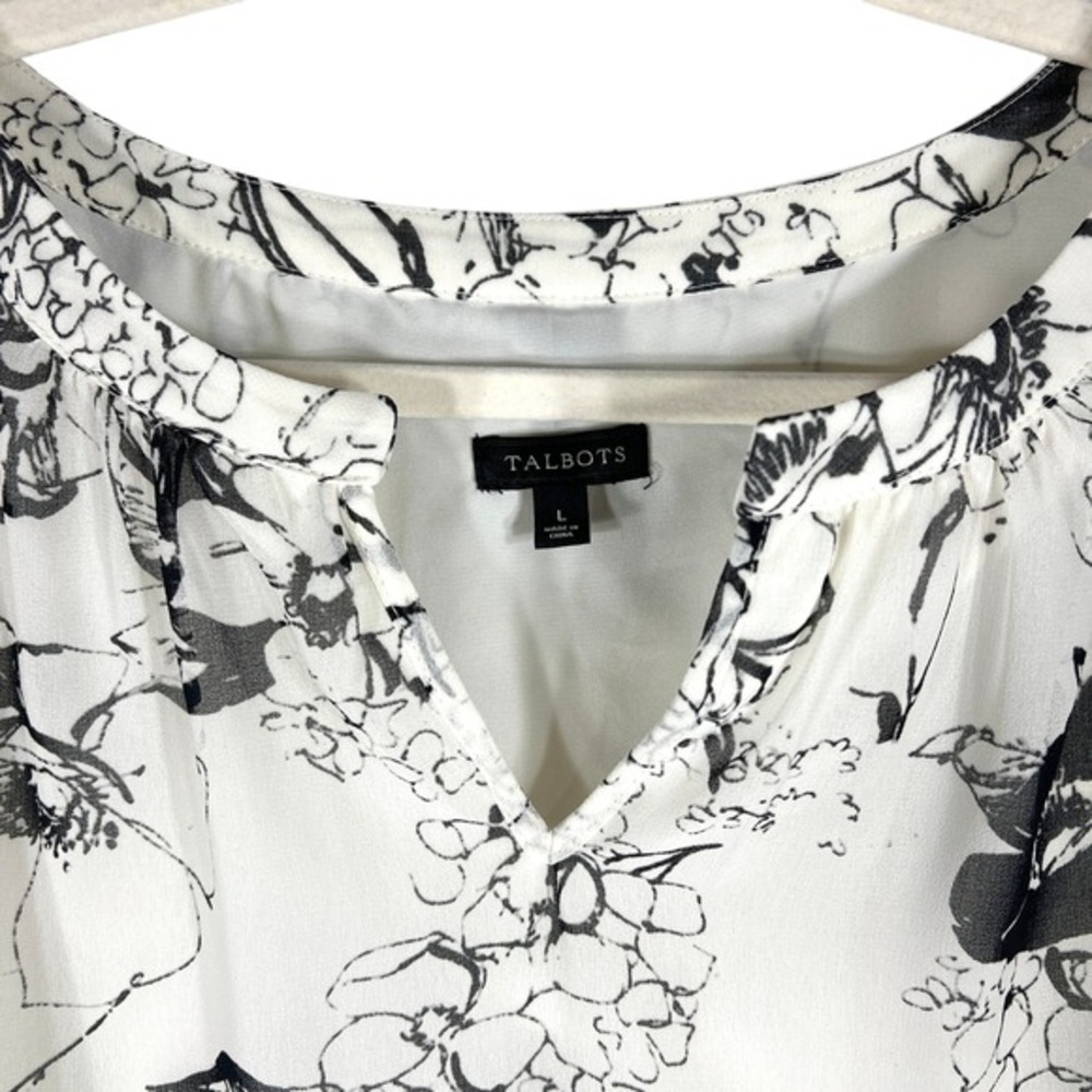 Talbots Floral Sheer-Overlay Blouse Large Cream Black‎ Ruffle Sleeve V-Neck Top - Picture 4 of 10